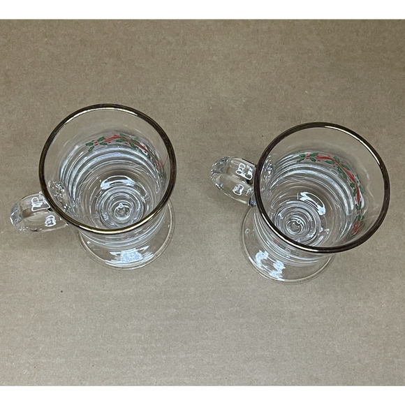 Vintage Libbey Holly Berry Irish Coffee Pedestal Glasses Gold Rim Christmas Mugs - Picture 4 of 8